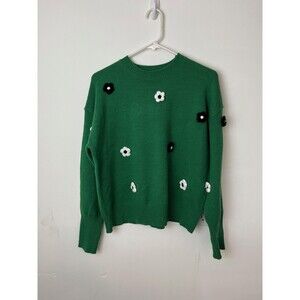 Nanette Lepore Sweater Womens Medium Green Flower Applique Crewneck Pullover